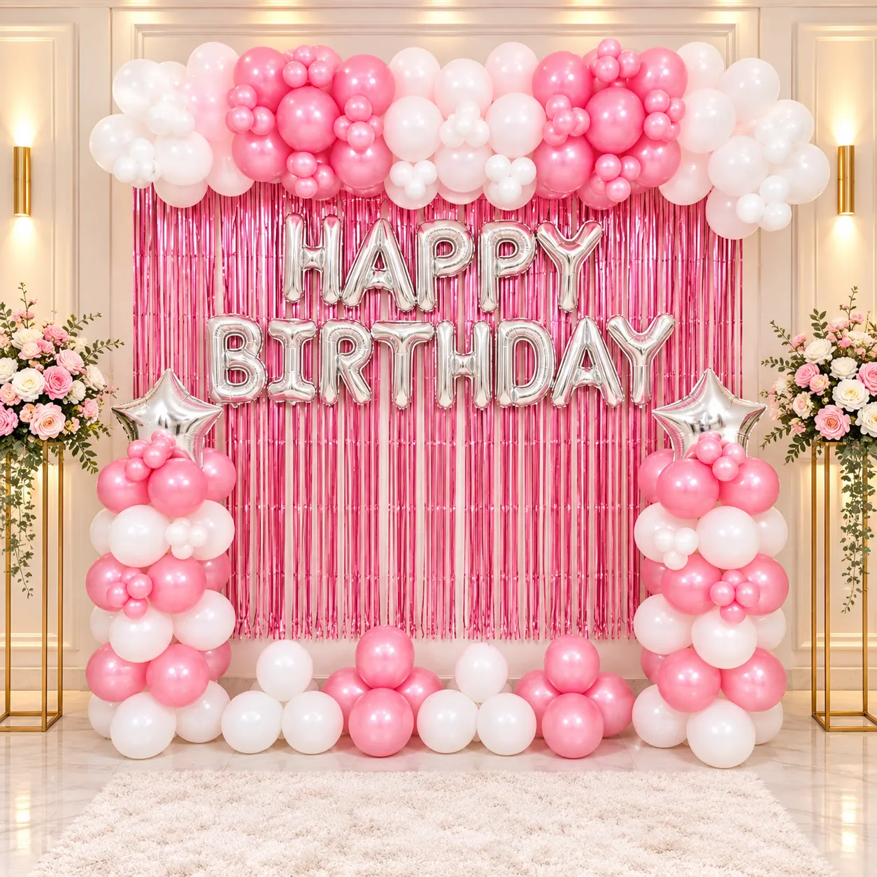 Pink White Silver Birthday Decoration