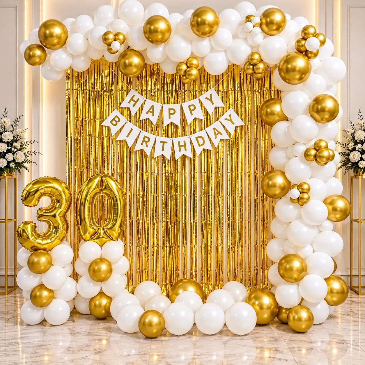 Gold White Birthday Balloon Decoration