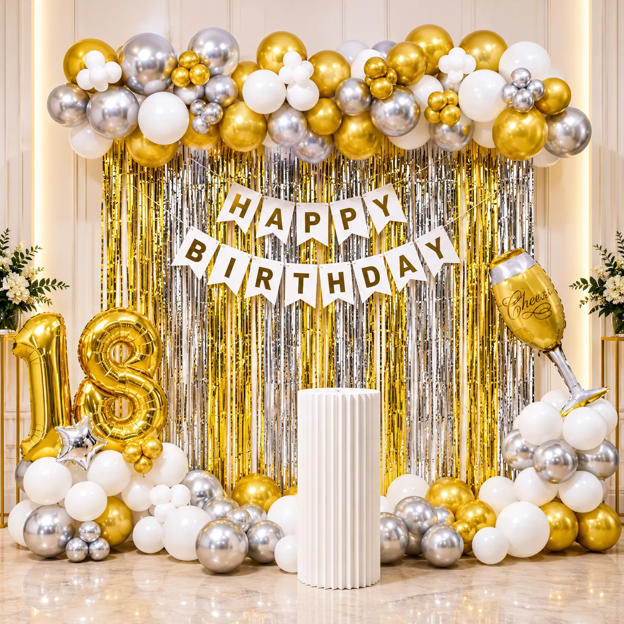 Gold Silver Champagne Birthday Decoration