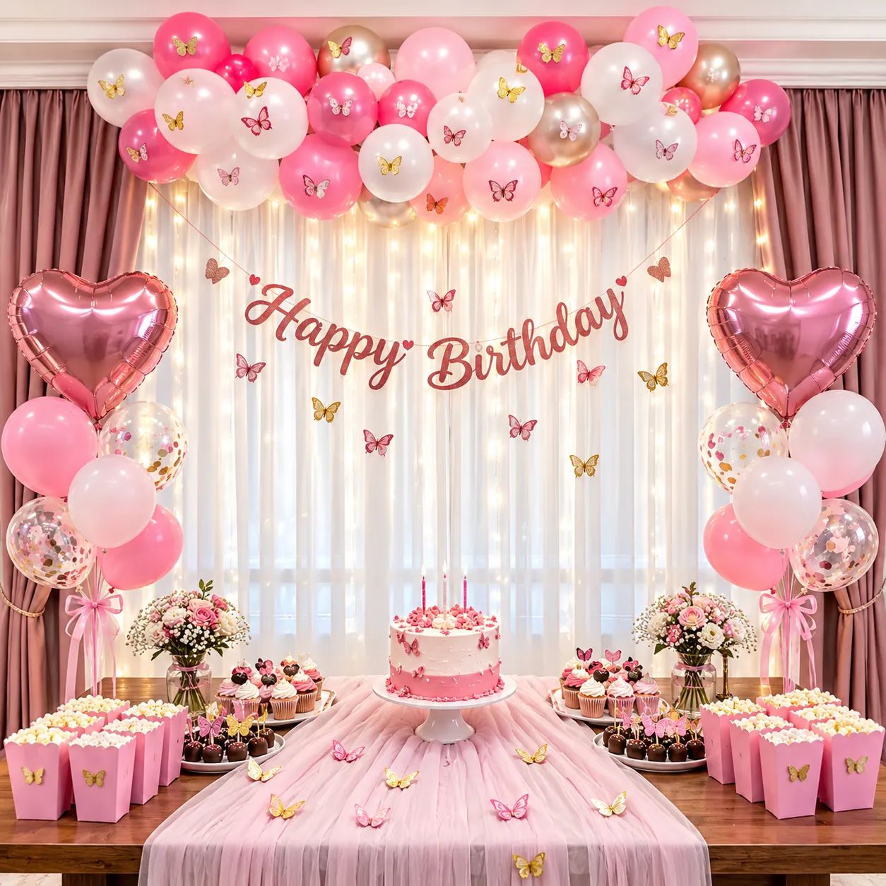 Rose Pink Butterfly Birthday Decoration