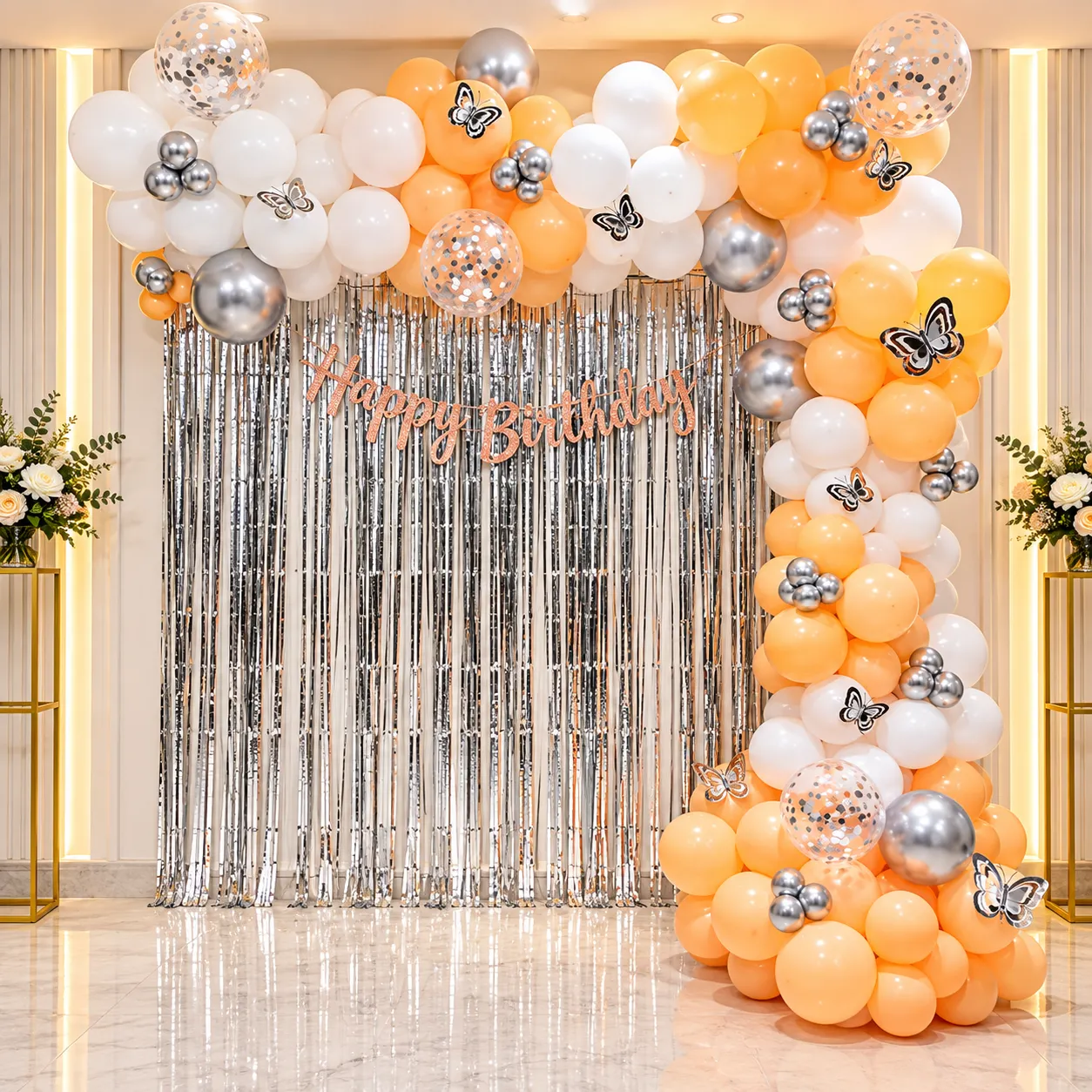 Peach Silver Butterfly Birthday Decoration