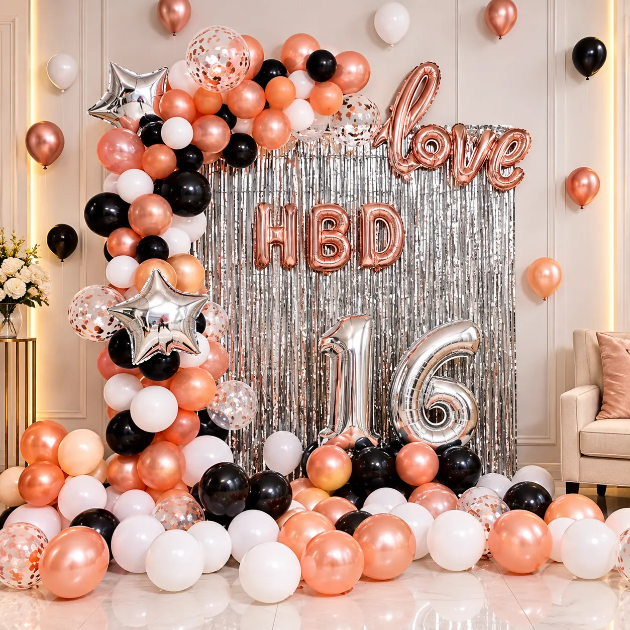 Black White Rosegold Birthday Decoration
