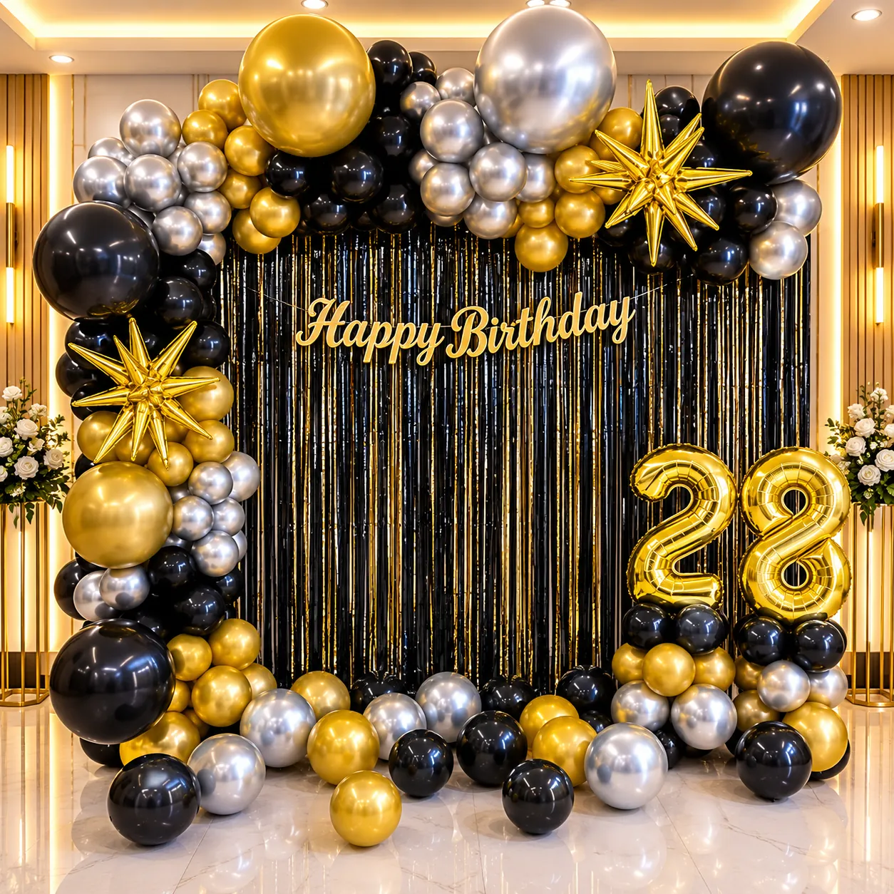 Black Gold Balloon Pillar Birthday Decor