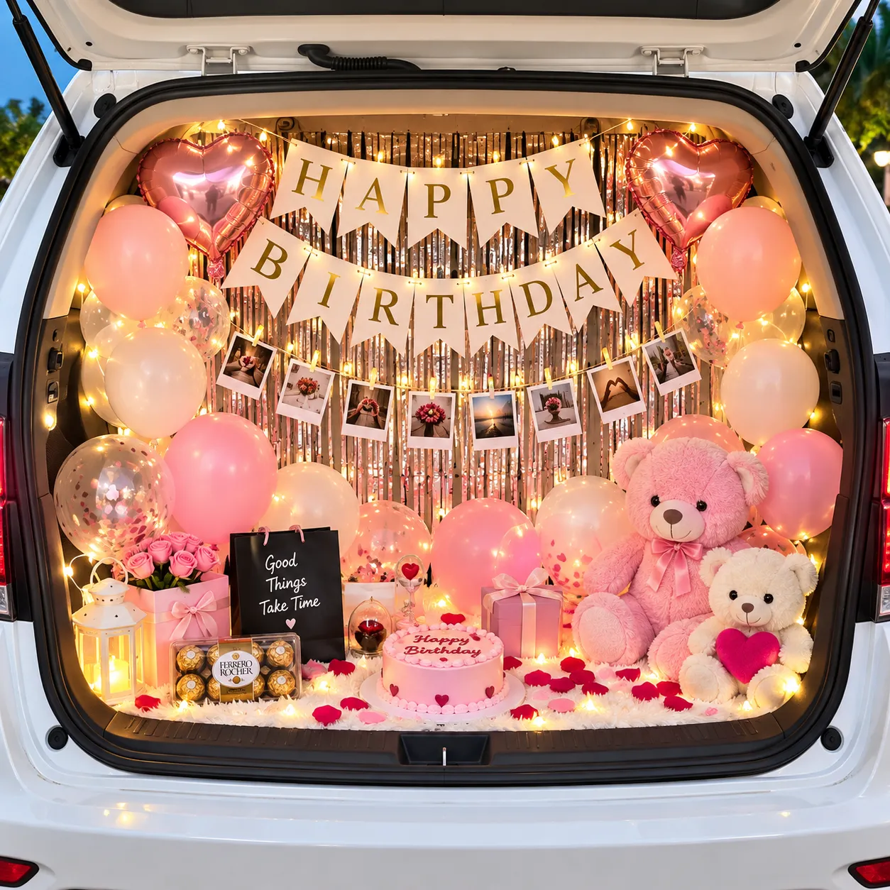 Pink White Car Boot Birthday Decoration