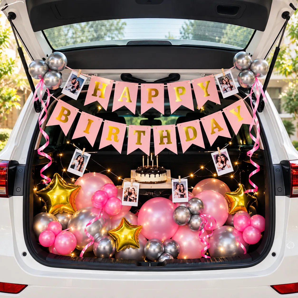 Pink Silver Car Boot Birthday Decoration