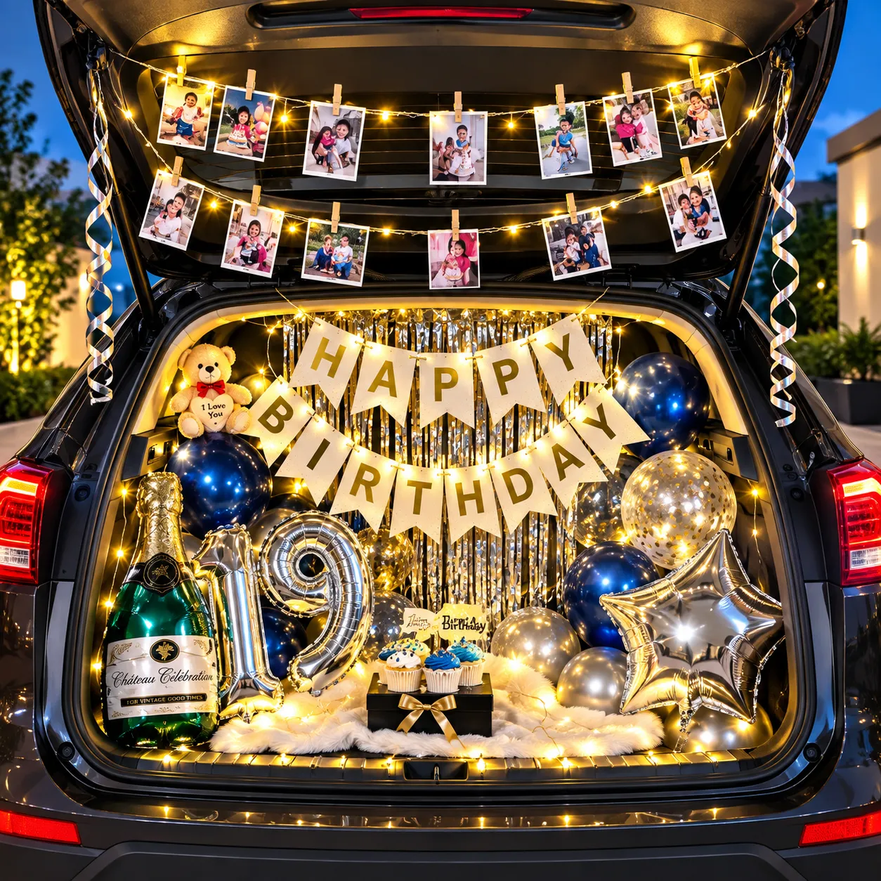 Blue Silver Car Boot Birthday Decoration