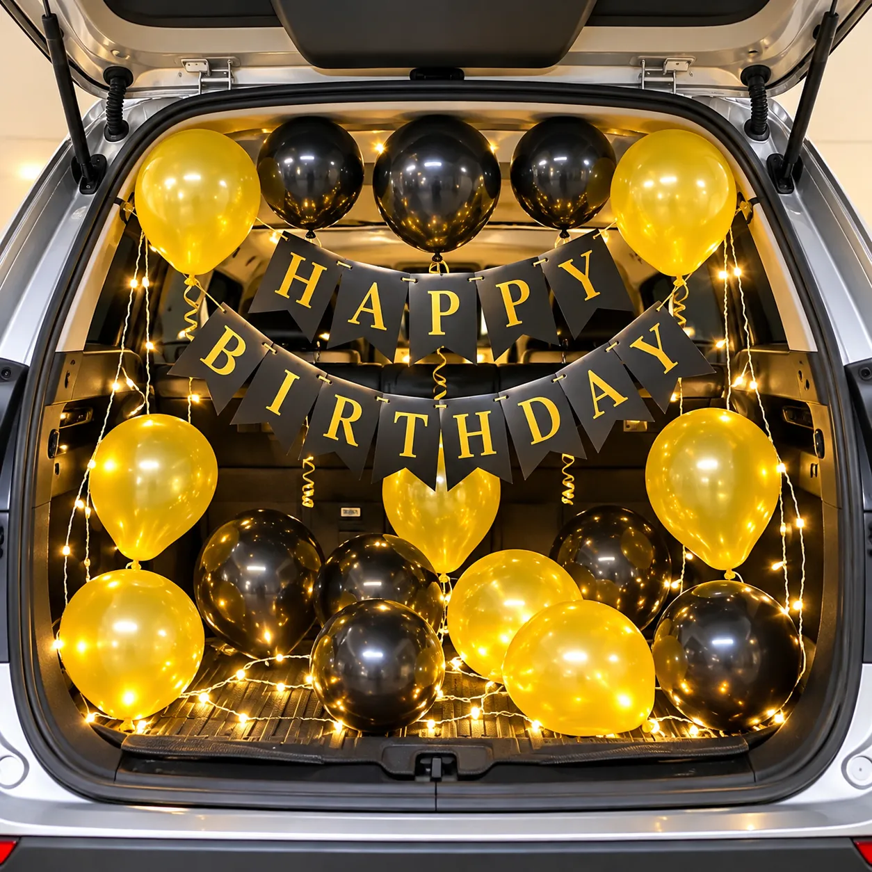 Simple Black Gold Car Boot Birthday Decor