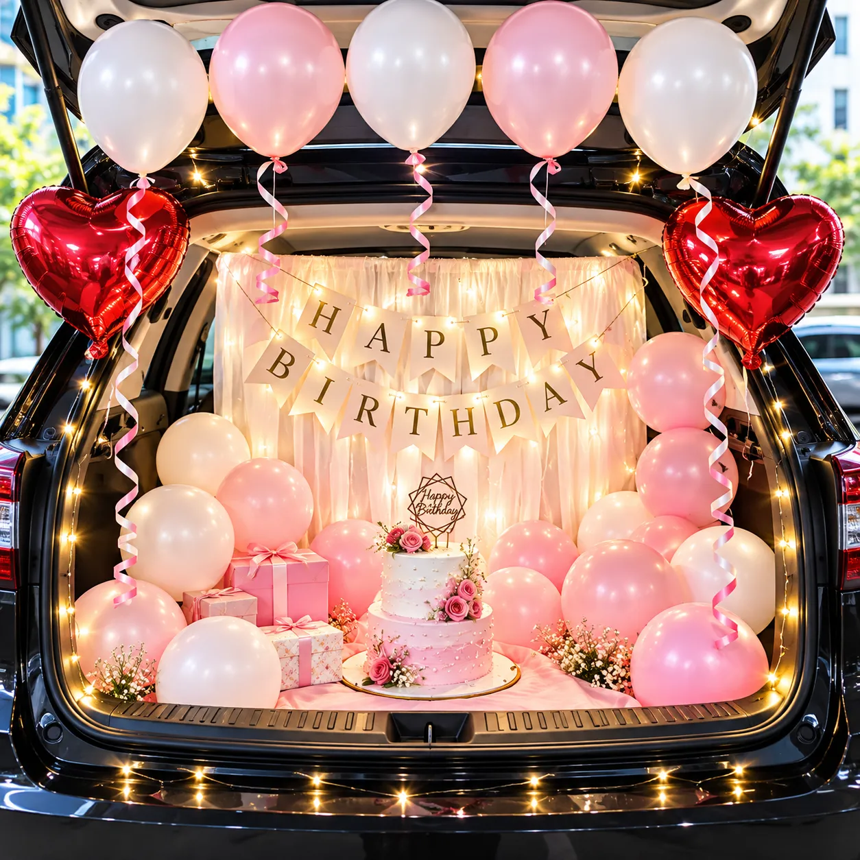 Pink White Car Boot Birthday Decoration