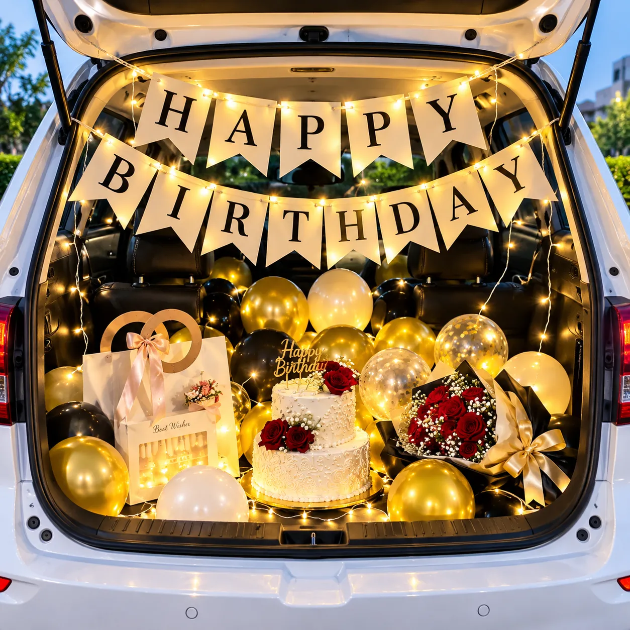 Luxury Black Gold Car Boot Birthday Decor