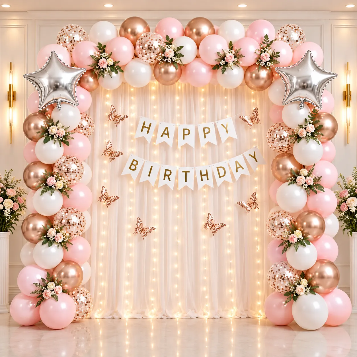 Pink Rosegold Butterfly Birthday Decoration