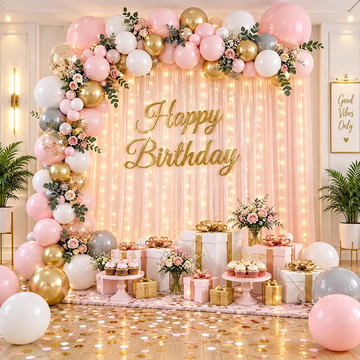 Pastel Pink Gold Birthday Balloon Decoration