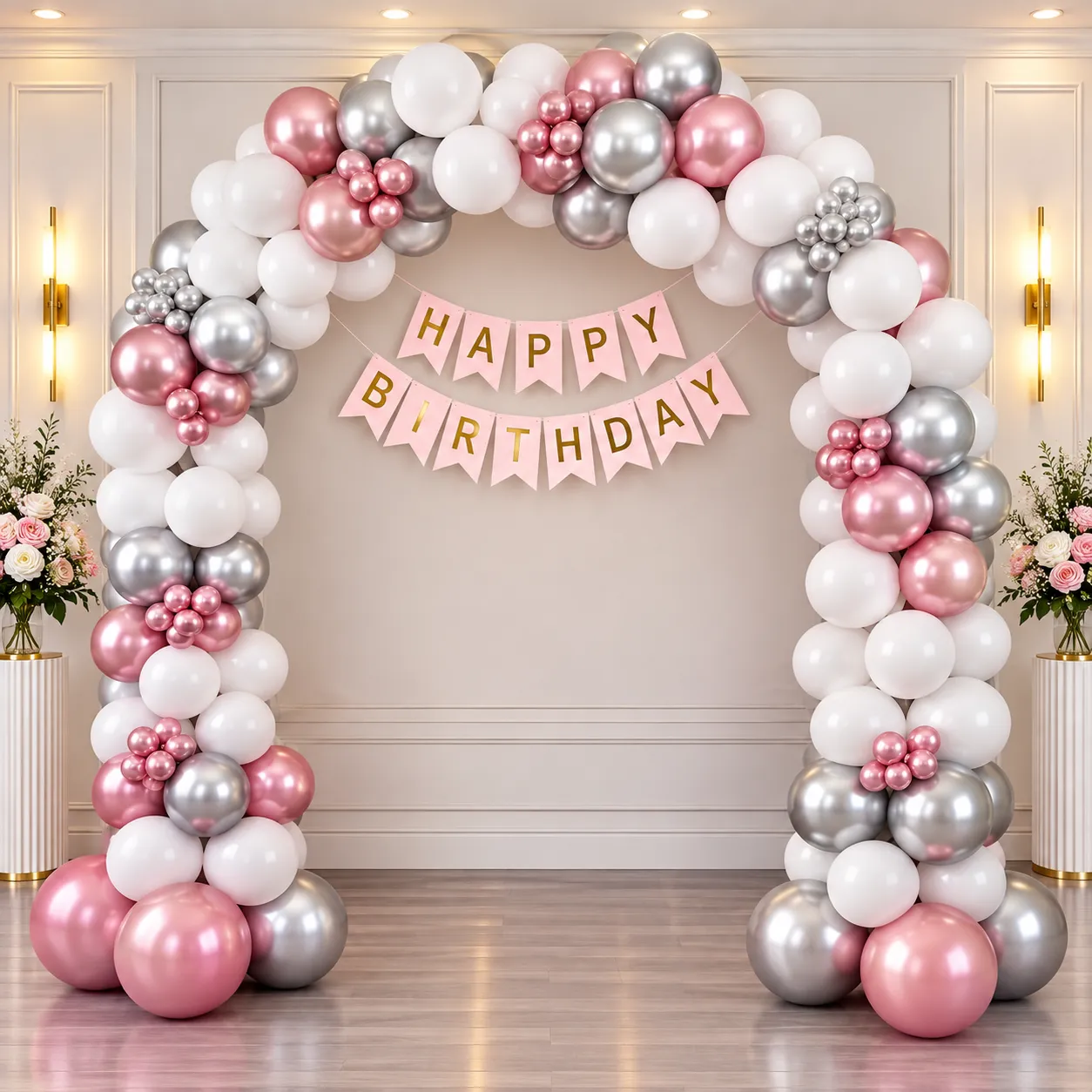 Pink Silver White Birthday Balloon Decoration
