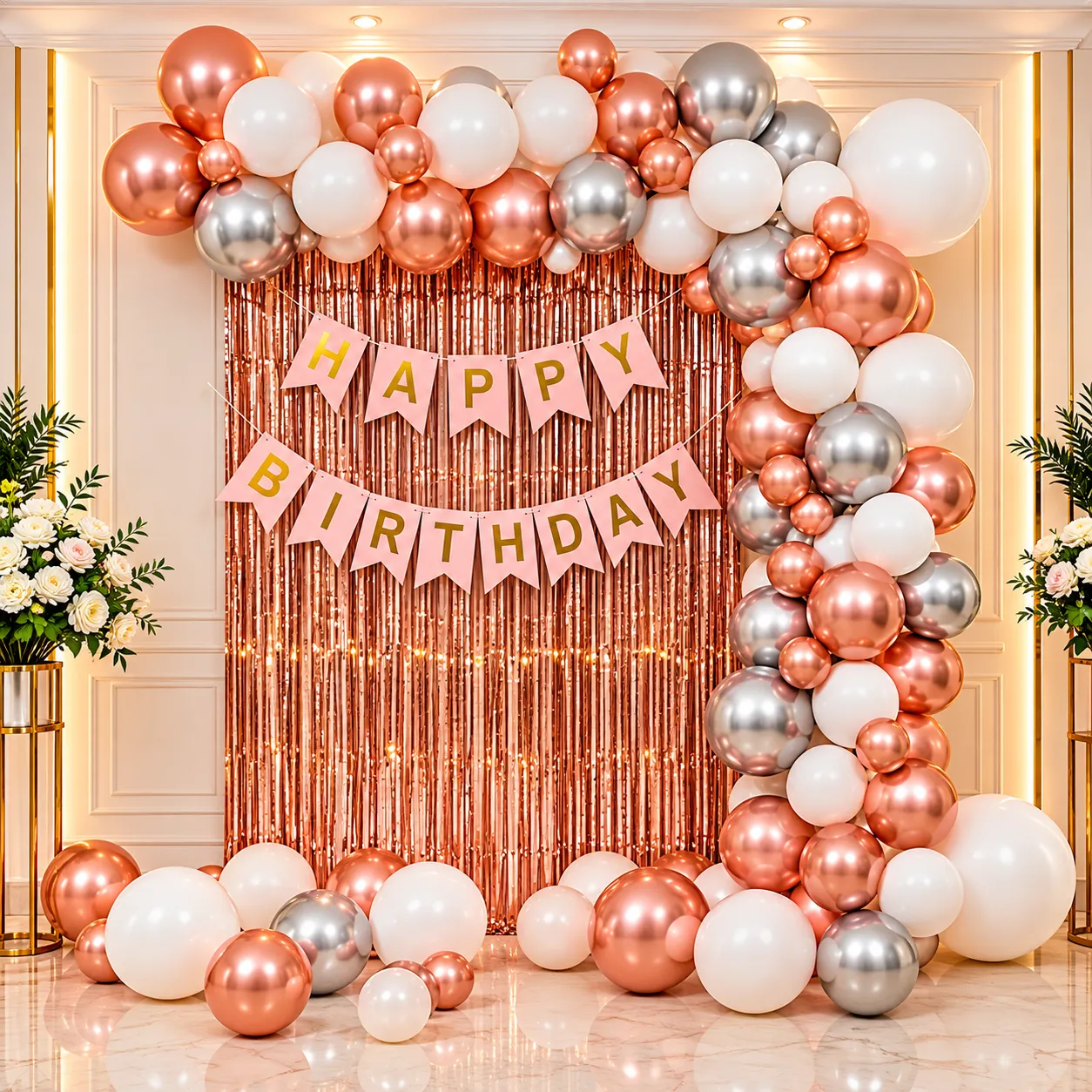Rosegold Silver White Birthday Decoration