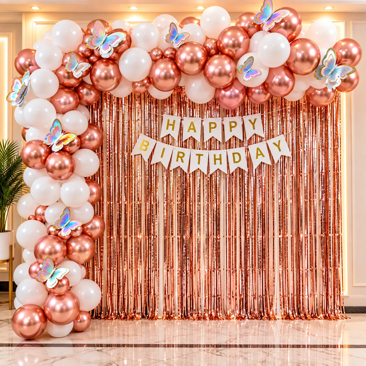 White Rosegold Butterfly Birthday Decoration