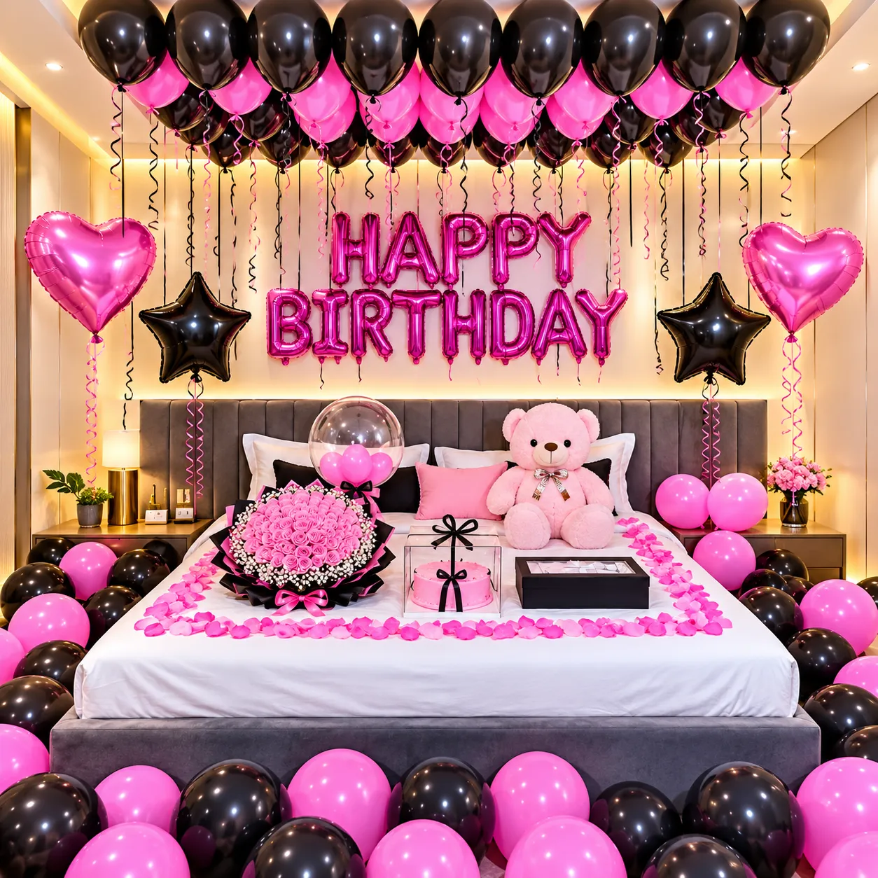 Pink Black Star Heart Birthday Decoration
