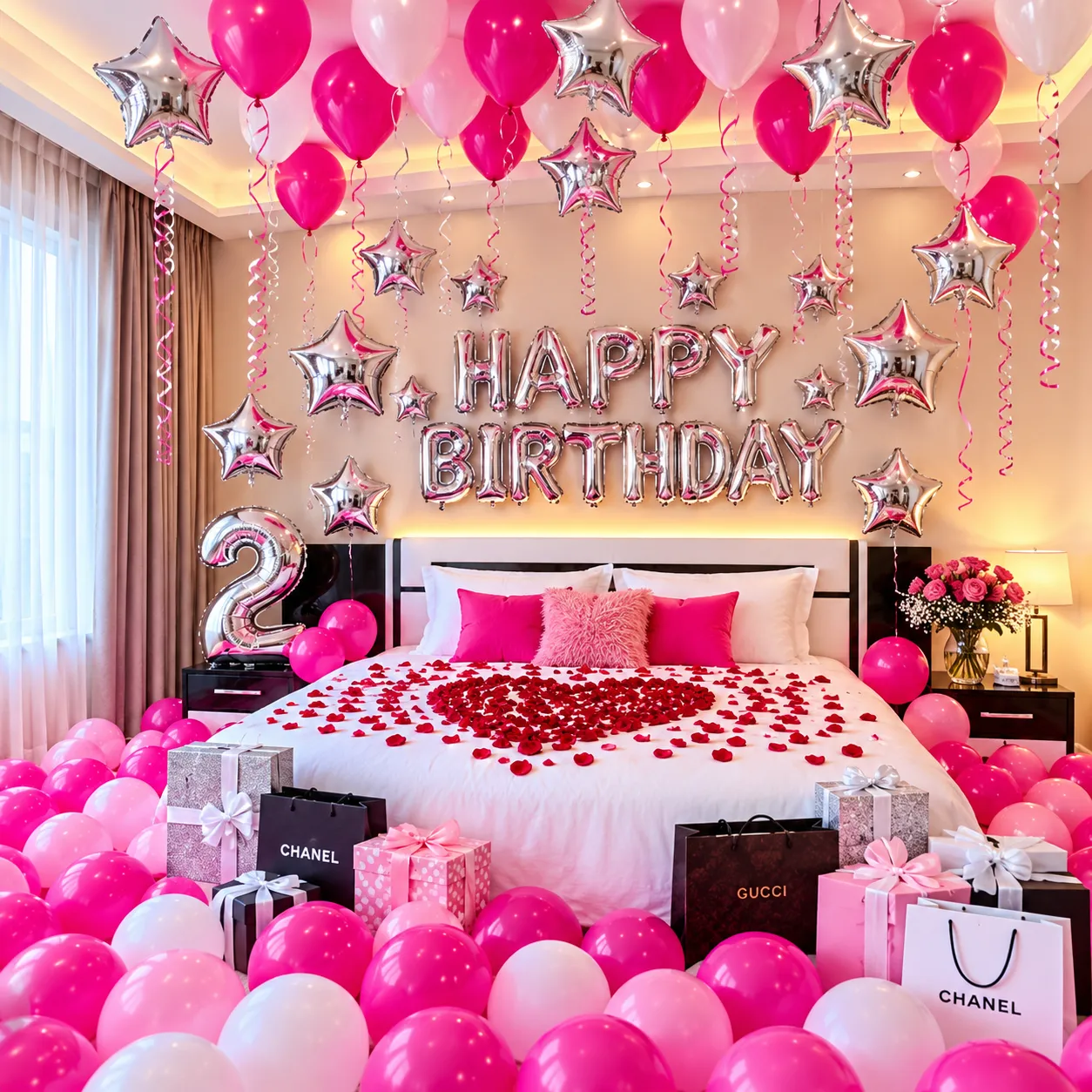 Dark Pink Silver Star Birthday Decoration