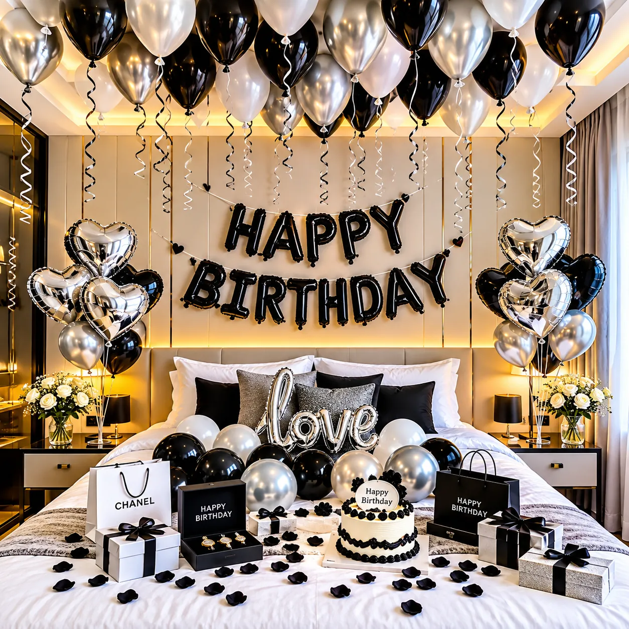 Black Silver Love Birthday Decoration