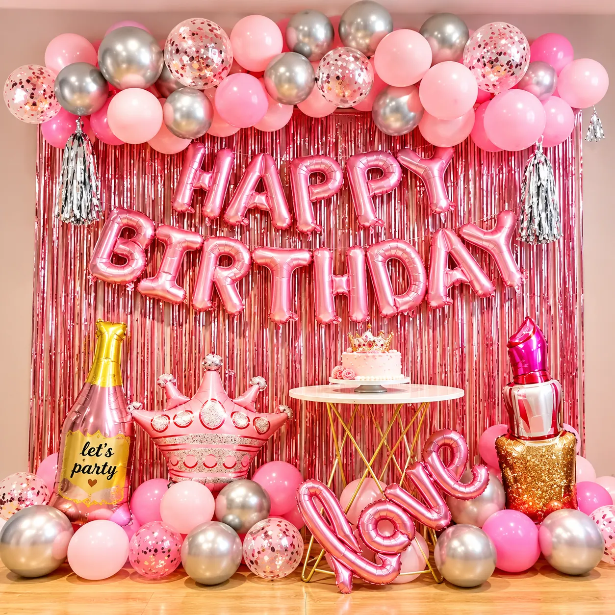 Pink Silver Love Birthday Decoration