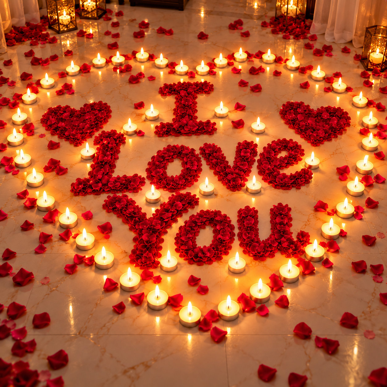 Romantic message from 1kg rose petals and 50 T-light candle