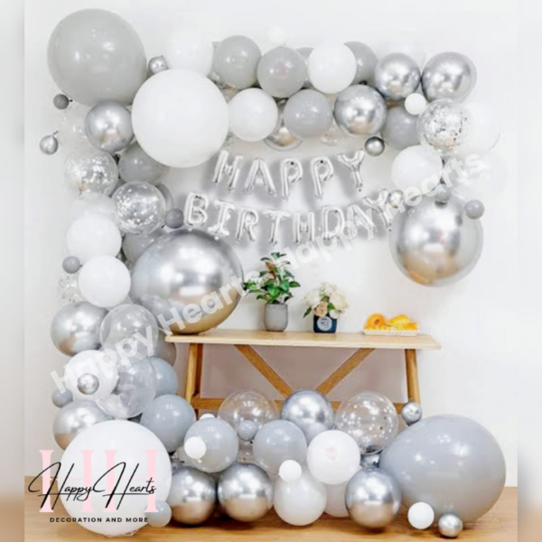 HAPPY BIRTHDAY SILVER WHITE THEME BALLOON DECORATION