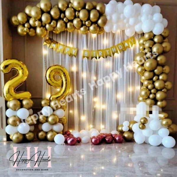 HAPPY BIRTHDAY GOLDEN WHITE SEMI RING THEME BALLOON DECORATION